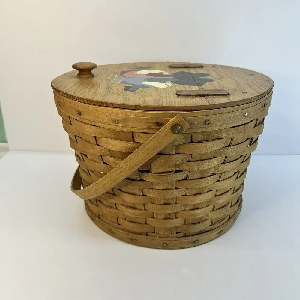 Vintage 1986 Longaberger Sewing Yarn Basket Leather Hinged Lid Painted - Picture 3 of 16